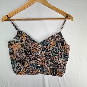 American Eagle Floral Crop Top Small Black Cotton Linen Button Front Cami 1634